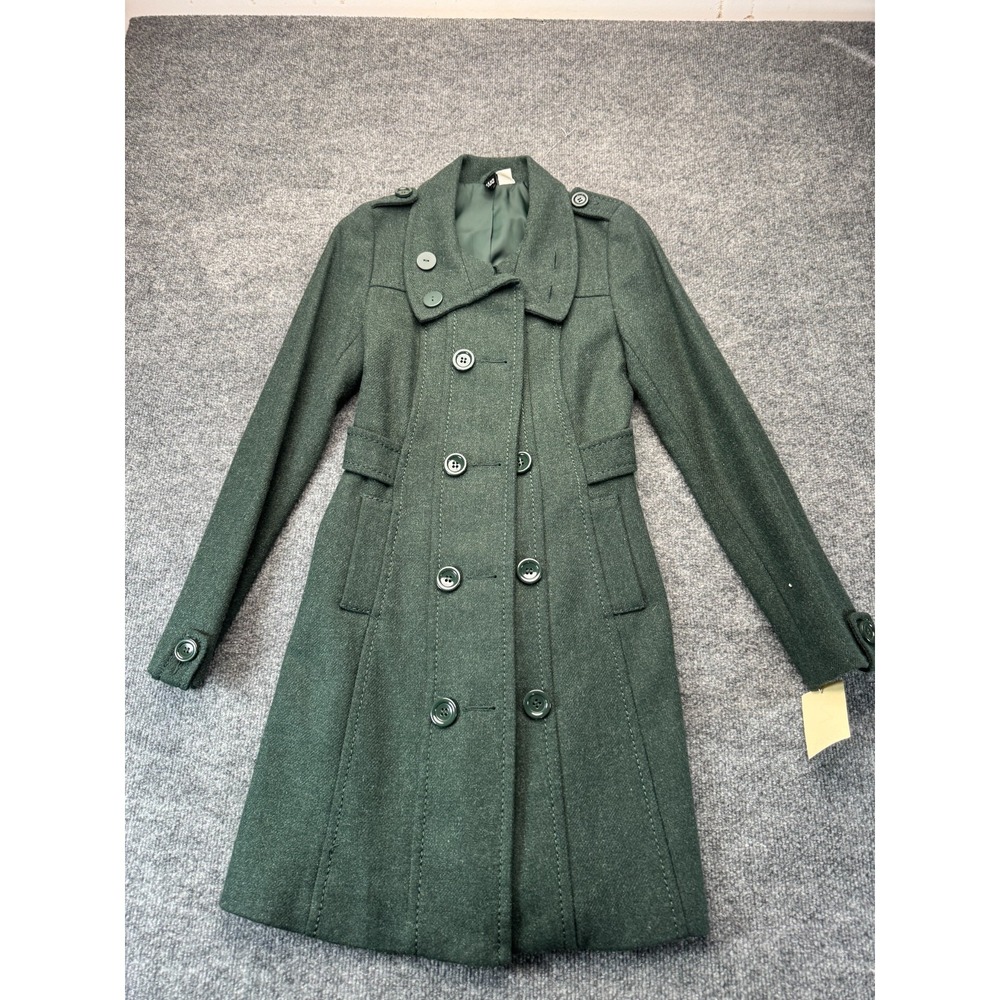 Divided H&M Womens 2 XS Forest Green Wool Blend Double Breasted Trench Coat Jack